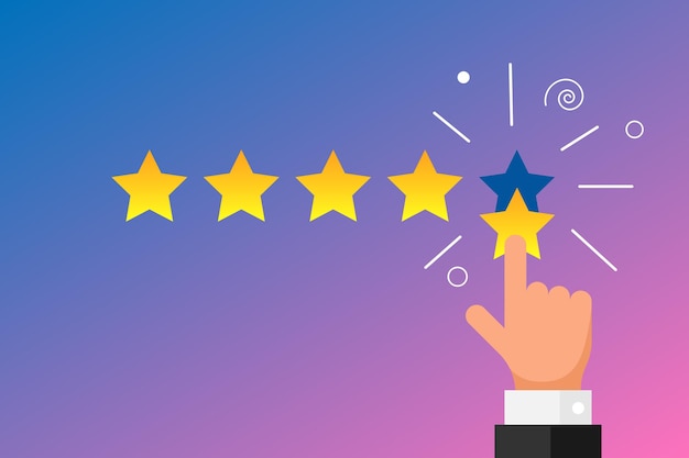 Vector online feedback reputation best quality customer review concept flat style. businessman hand finger pointing five gold star rating on gradient background. vector illustration