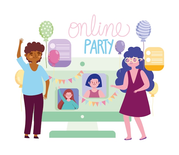 Online feest, paar viert met vrienden via internet