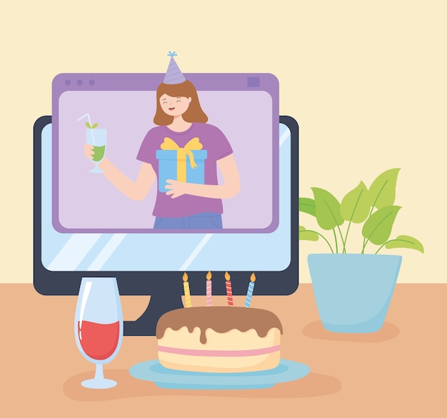 Online feest, verjaardagsviering, computertaart en drankje