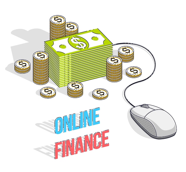 Online finance concept, web payments, internet earnings, online banking, cash money stacks with computer mouse connected to piles. Isometric 3d vector business and finance illustration.