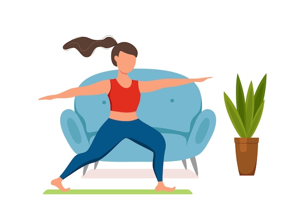 Vector online fitness yoga classes vector concept. stay home girl doing exercises looking at screen cartoon flat illustration. healthy and wellness lifestyle design concept with woman at domestic interior