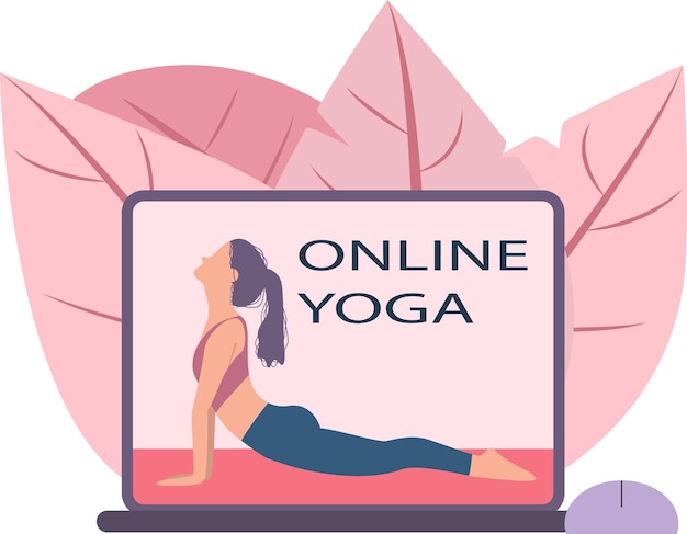 Vector online fitness yogalessen vector concept vrouw doet yoga fitness oefeningen op laptop scherm