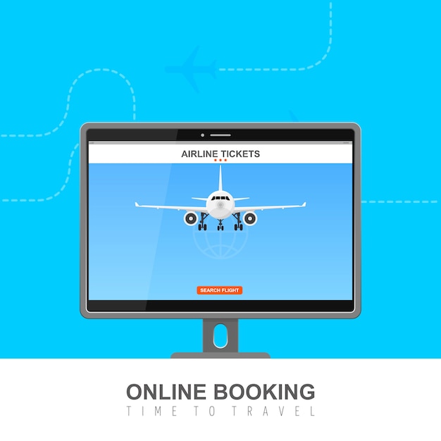 Online flight booking on screen  illustration