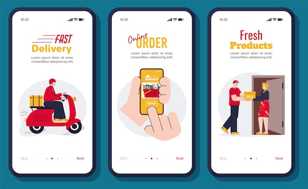 Vector online food delivery app banner set  courier man delivering groceries