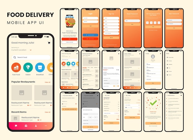 Modello di app mobile per la consegna di cibo online. wireframe dell'applicazione per lo shopping. kit interfaccia utente su oro