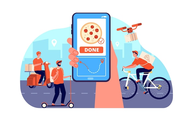 Consegna di cibo online. servizio di ordine del ristorante, merci dal supermercato. corriere veloce in bici, spedizione dei pasti a casa vettore. servizio online di tecnologia, ciclomotore e illustrazione della consegna della pizza in bicicletta