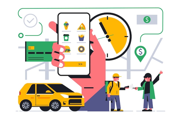 あなたの家へのオンライン食品配達サービス 自宅で注文するためのモバイルアプリケーションを介した食品メニューの選択 非接触型決済 銀行カード 電話アプリ 車の宅配便 ベクターイラスト