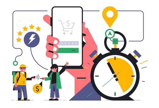 Servizio di consegna di cibo online a casa tua pagamento senza contatto per la consegna di cibo tramite il terminale il feedback al corriere è di cinque stelle telefono app mano denaro paga contanti illustrazione vettoriale