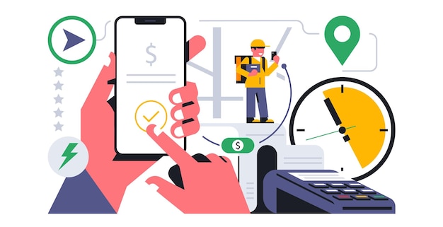 Servizio di consegna di cibo online a casa tua il corriere ha accettato l'ordine di consegna di cibo tramite l'applicazione mobile il pagamento è andato a buon fine mappa dei pagamenti dell'app del telefono con la mano illustrazione vettoriale