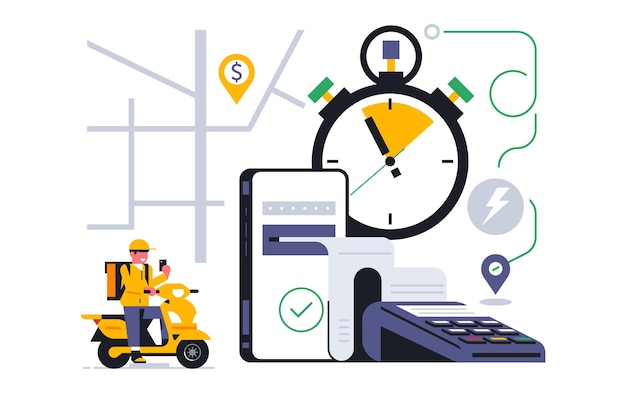 Premium Vector | Online food delivery service to your home The courier received an order for the delivery of food Online payment was successful Phone pay terminal check scooter mapaddressVector illustration