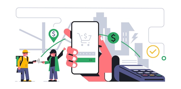 Онлайн-сервис доставки еды на дом Успешная бесконтактная оплата доставки еды через платежный терминал Применение на телефоне маршрут карты городского дома Векторная иллюстрация