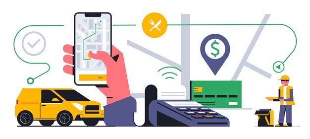 Онлайн-сервис доставки еды на дом Отслеживайте местонахождение заказа через телефонное приложение Платежный терминал Банковская карта Ручное телефонное приложение Курьер Автомобильная карта Адрес Маршрут Векторная иллюстрация