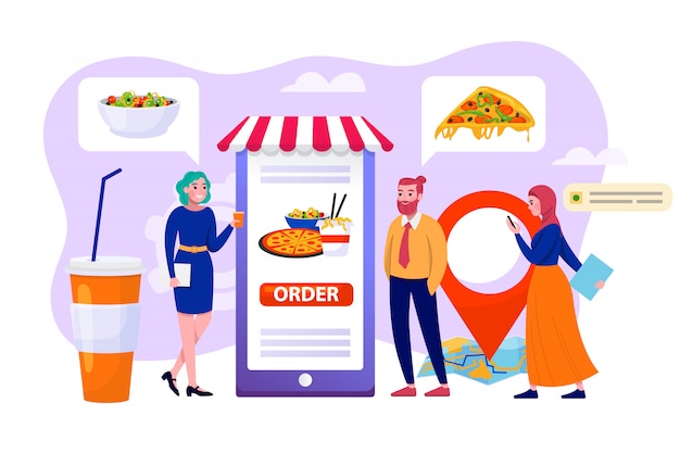 Online food order in business mobile app, shop technology  illustration. People man woman use delivery service store concept.  fast purchase for customer in smartphone grocery.