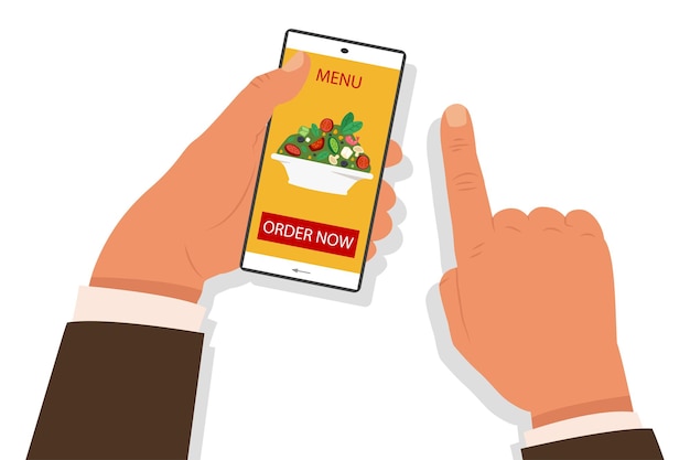 Online food order concept illustration with human hand holding a mobile phone and choose a salad.