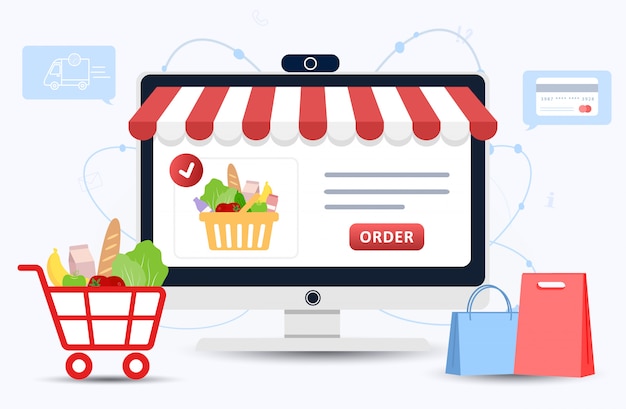 Online food order. Grocery delivery. The product catalog on the web browser page. Shopping boxes. Stay at home. Quarantine or self-isolation. Modern illustration in flat style.