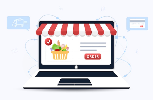 Online food order. Grocery delivery. The product catalog on the web browser page. Shopping boxes. Stay at home. Quarantine or self-isolation. Modern illustration in flat style.