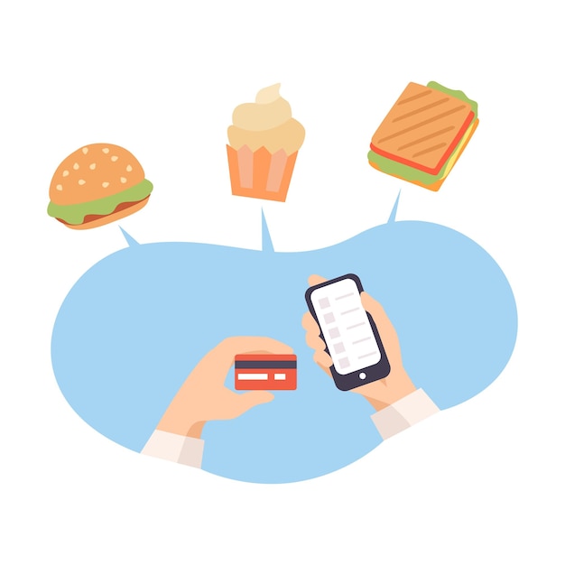 Vector online food order with the help of phone and card vector illustration