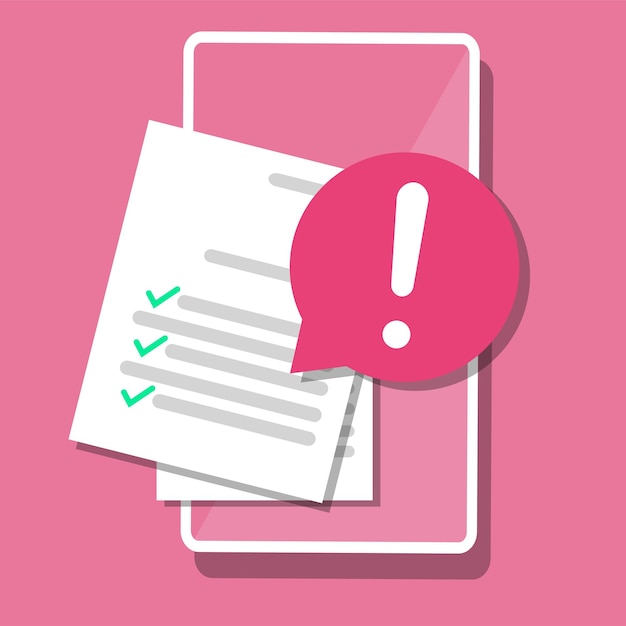 Online form with document checklist and error warning. Checkboxes on smartphone screen. Text file and notification, flat design.