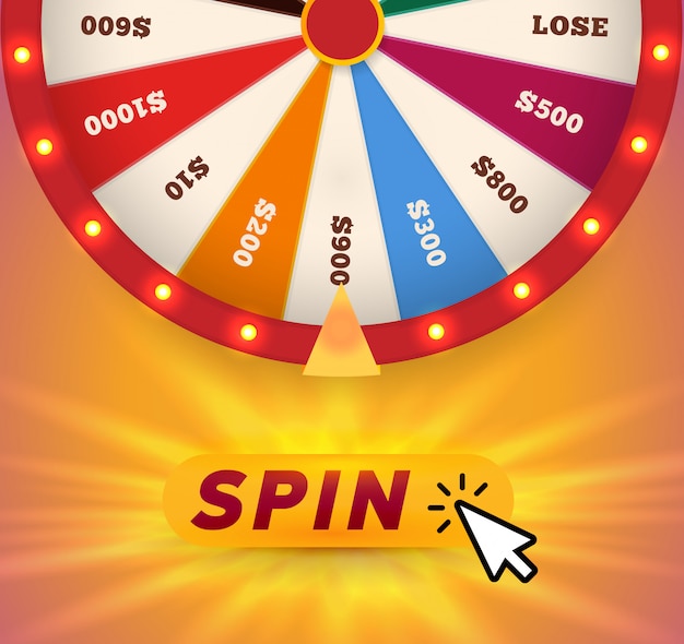 Online fortune wheel slot machine, gambling website   illustration. click, spin and win colorful betting application banner.