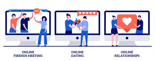 Online friends meeting, online dating and online relationship illustration with tiny people