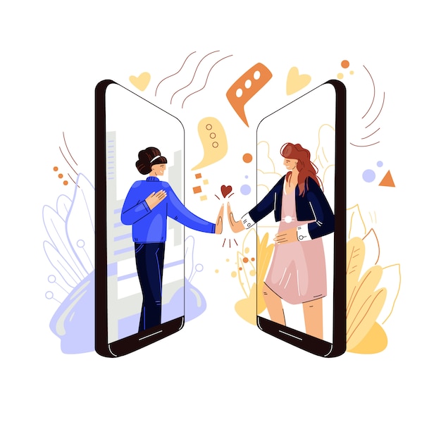 Premium Vector  Online friends support flat concept. two woman characters  holding hands, sharing sympathy, support and love to each other with remote  virtual video conference, phone call.