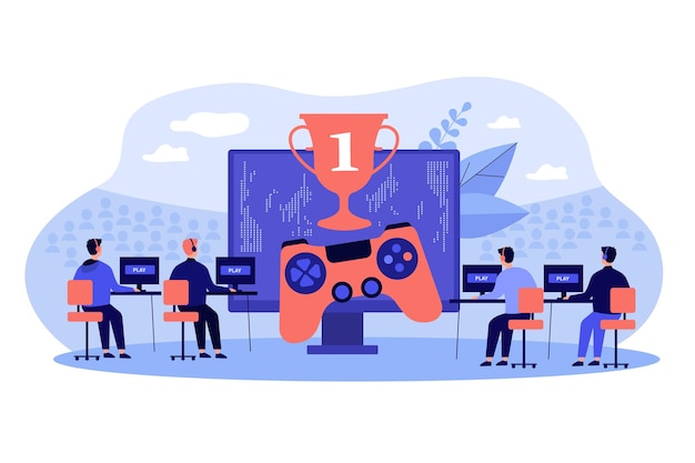 Online gamers playing at pc illustration