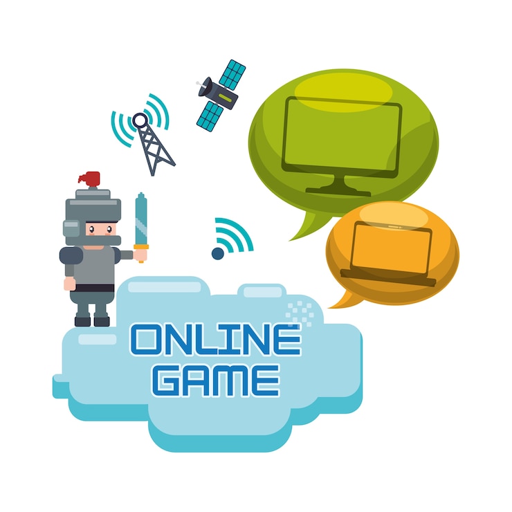 Vector online games character concept bubble speech technology satellite