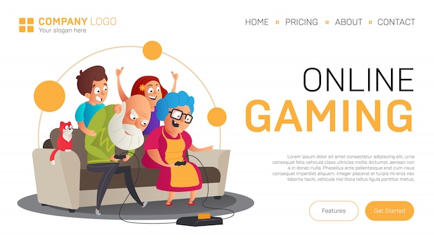 Vector online gaming landing page or banner template. illustration in flat style with funny grandparents play video games with their grandchildren while sitting on the sofa isolated on white