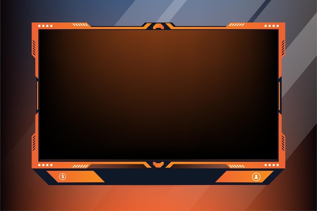 Online gaming-schermrandvector met oranje en donkere kleuren Stijlvolle streaming-overlay-decoratie met abonneerknoppen Futuristisch uitgezonden gamingpaneelontwerp voor live gamers