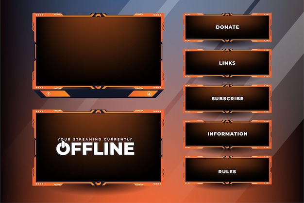 Online gaming screen border vector with orange and dark colors Stylish streaming overlay decoration with subscribe buttons Futuristic broadcast gaming panel design for live gamers
