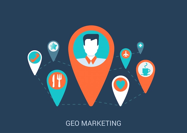 Illustrazione piana di stile di concetto di targeting di geo marketing online.