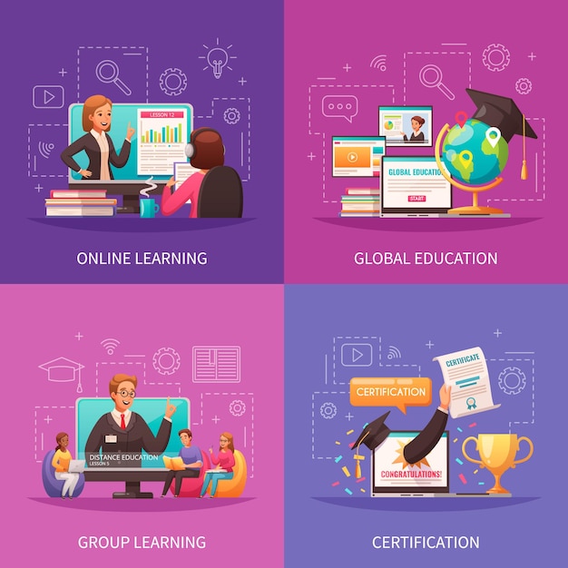 Vector online global education programs compositions set in flat style