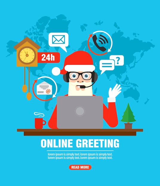 Vettore congratulazioni online di natale concetto di design banner piatto con babbo natale