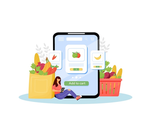 Online grocery flat concept illustration vegetables and fruits buyer female customer with smartphone d cartoon character for web design online veggies ordering and delivery creative idea