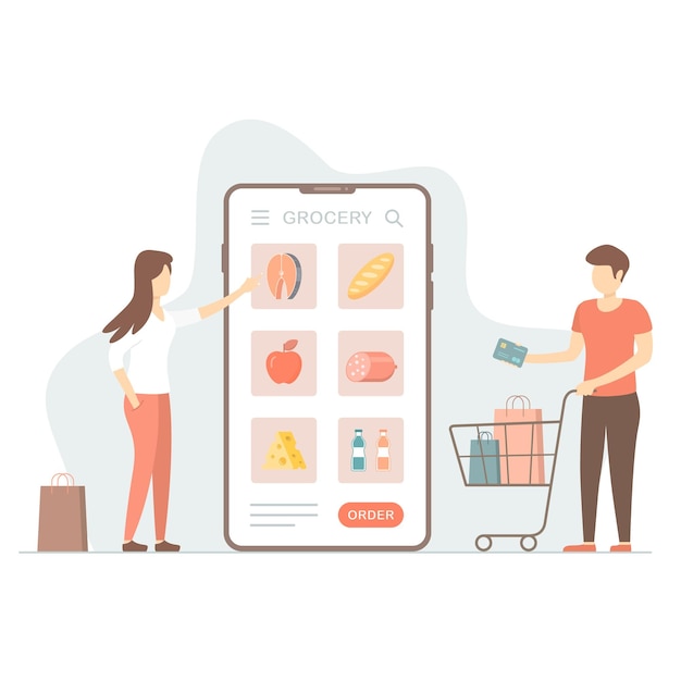 Online grocery shopping concept cartoon vector flat illustration