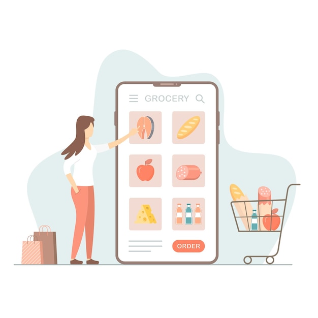 Vector online grocery shopping concept cartoon vector modern flat illustration