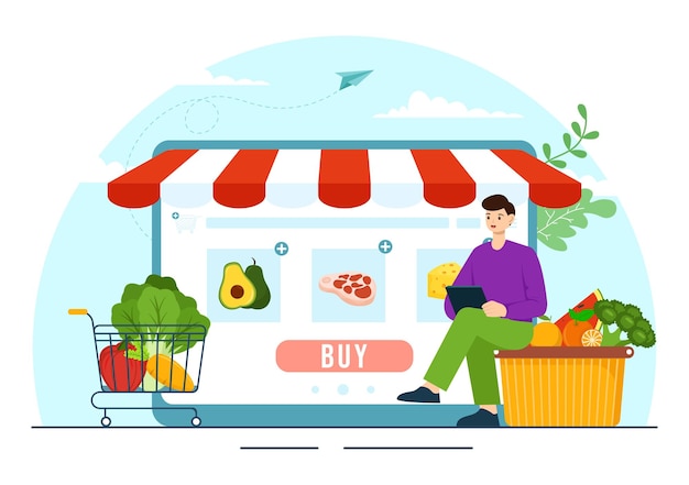Онлайн-иллюстрация продуктового магазина с полками продуктов питания для заказа покупок по телефону