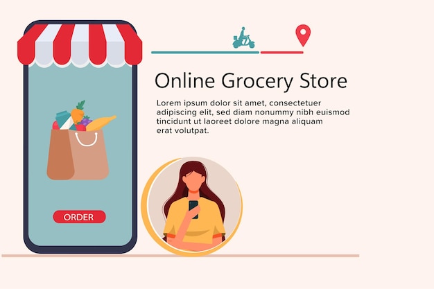 携帯電話のベクトル図とオンライン食料品店のショッピングの概念