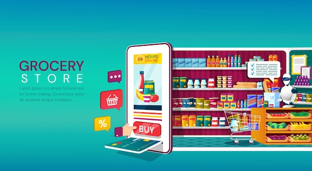 카드 슬롯이 있는 휴대 전화와 쇼핑 아이콘이 있는 온라인 식료품점 쇼핑 개념
