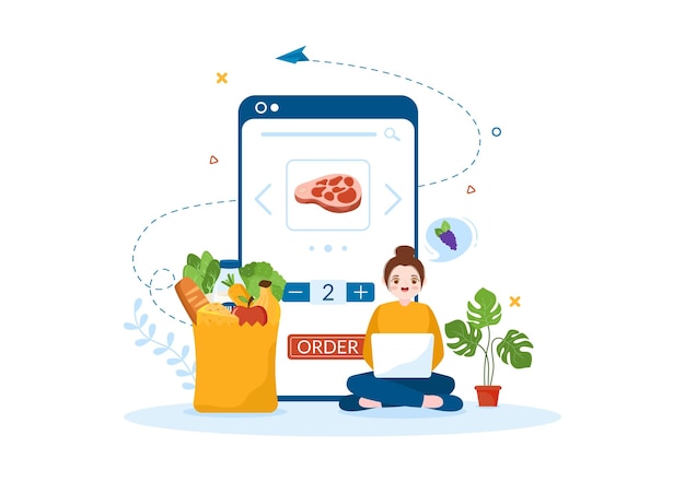 Интернет-магазин продуктов или супермаркет для заказа предметов первой необходимости или продуктов питания через приложение на иллюстрации