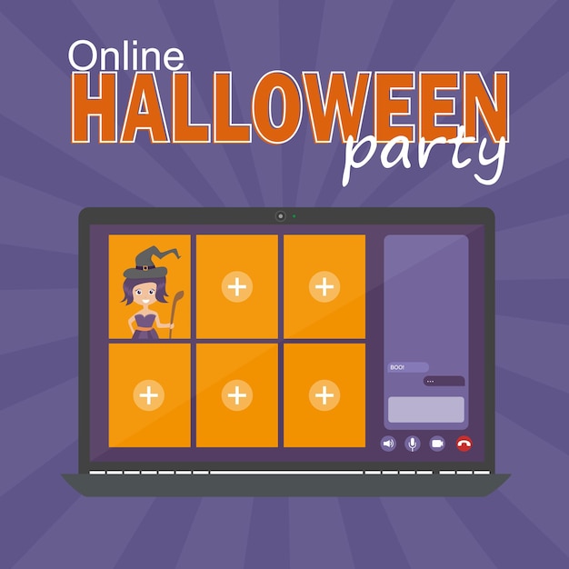 Concetto di festa di halloween online, schermo del computer con videoconferenza per festeggiare, videochiamata con una strega divertente, illustrazione vettoriale piatta