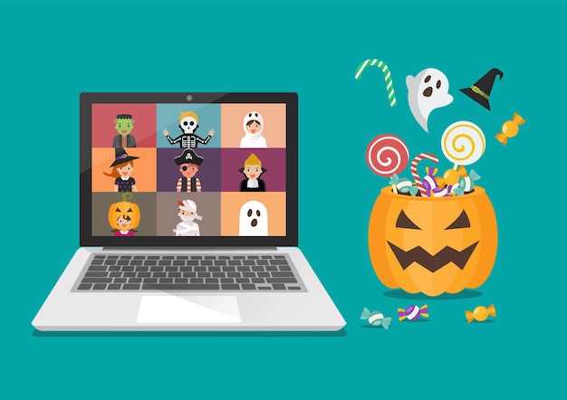 Concetto di festa di halloween in linea. bambini in costumi horror sullo schermo del laptop. illustrazione vettoriale