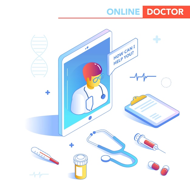 Online healthcare isometric concept. medical consultation, diagnostics application on computer, tablet, smartphone. modern medical technology with doctor. vector illustration