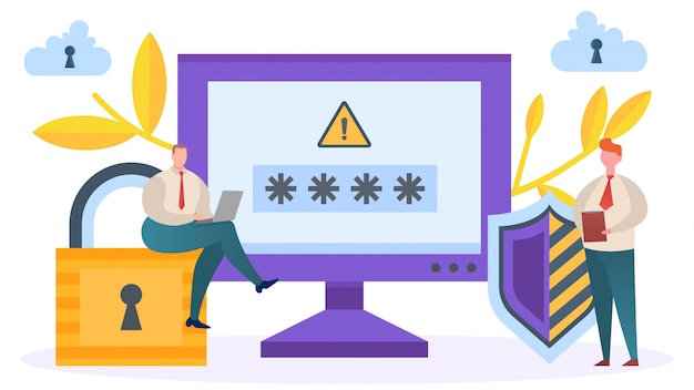 オンラインのインターネットデータとパスワード、イラストに関する情報。保護技術、漫画ネットワークセキュリティ。