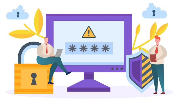 Vettore dati internet online e informazioni sulla password, illustrazione. tecnologia di protezione, sicurezza della rete dei cartoni animati.