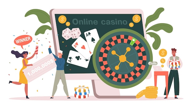 Online internet gokken, online casino, poker, roulette concept. internet casino winnaars, online poker en slots vector illustratie. gelukspersonages spelen online casino