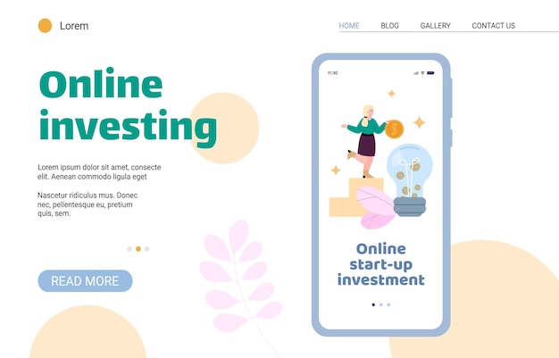 オンライン投資のウェブサイト ページ テンプレート フラット漫画ベクトル図