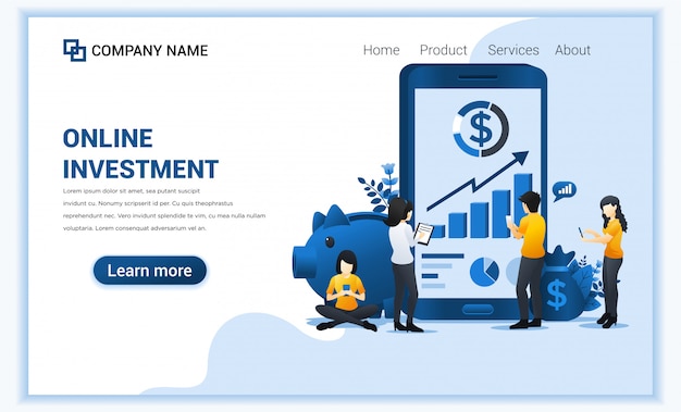 Vector online investment concept with people work on mobile phone, business investment, financial technology.