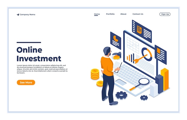 Vector online investment data analysis concept isometric flat style vector illustration