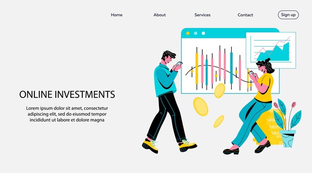 ベクトル 株式にお金を投資している人々とのオンライン投資ウェブサイトまたはランディングページのモックアップ
